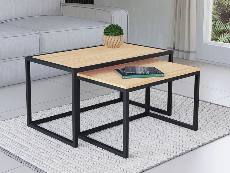 Conjunto Mesa De Centro Industrial 65cm e 60cm Aço Preto Duo Madeira Pinus