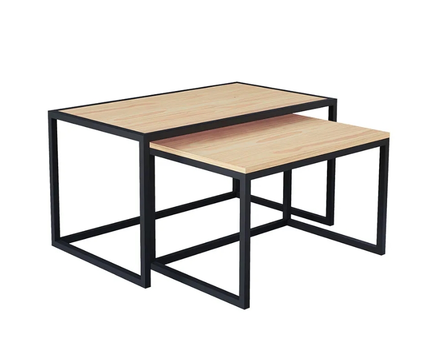 Conjunto Mesa De Centro Industrial 65cm e 60cm Aço Preto Duo Madeira Pinus