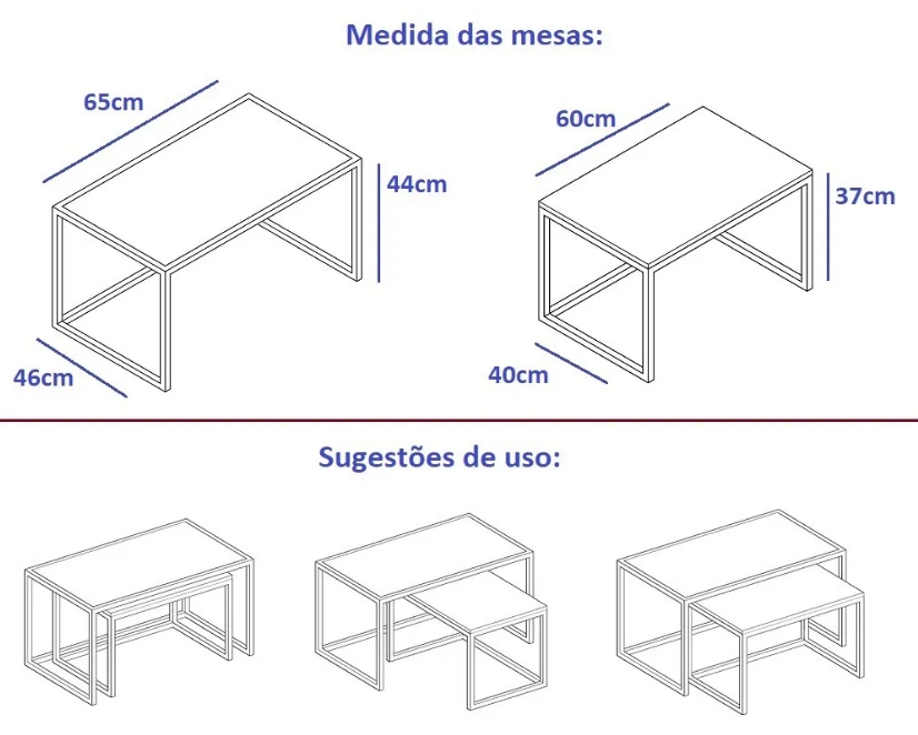 Conjunto Mesa De Centro Industrial 65cm e 60cm Aço Preto Duo Madeira Pinus