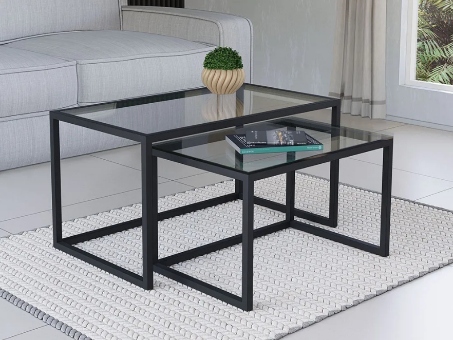 Conjunto Mesa De Centro Industrial 65cm e 60cm Aço Preto Duo Vidro