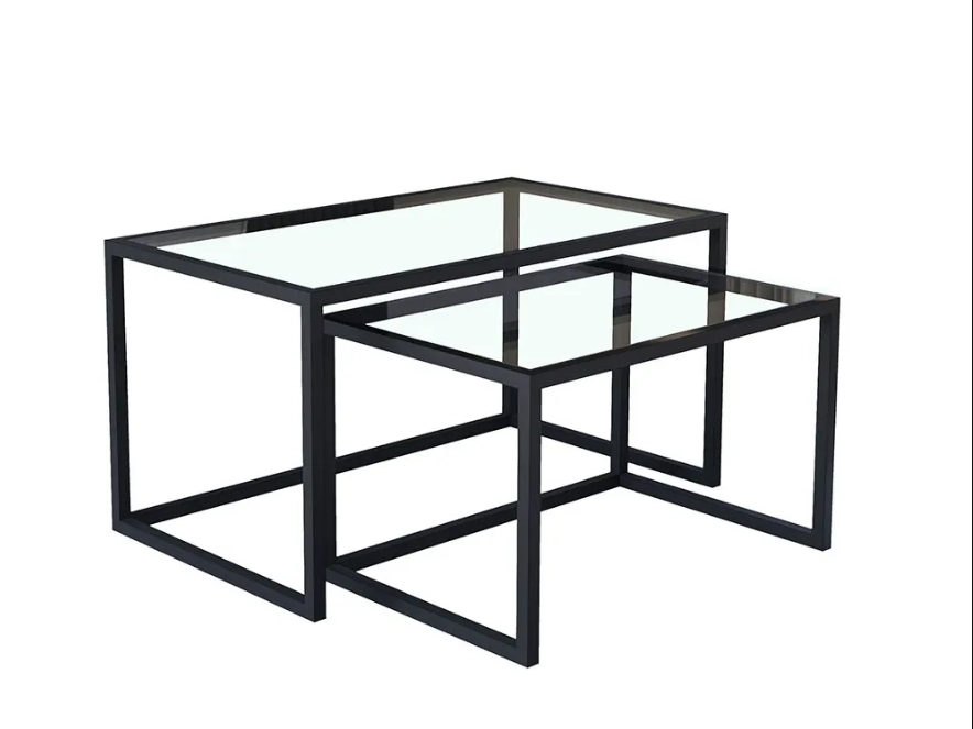 Conjunto Mesa De Centro Industrial 65cm e 60cm Aço Preto Duo Vidro