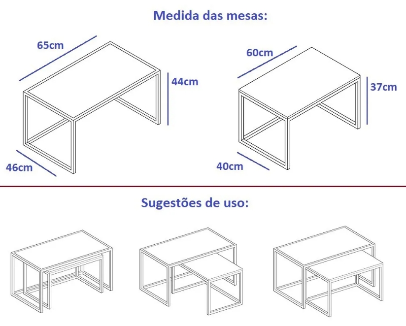 Conjunto Mesa De Centro Industrial 65cm e 60cm Aço Preto Duo Vidro