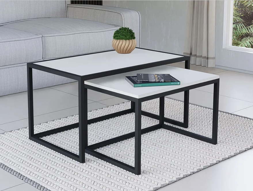 Conjunto Mesa De Centro Industrial 85cm e 80cm Aço Preto Duo Madeira Branca