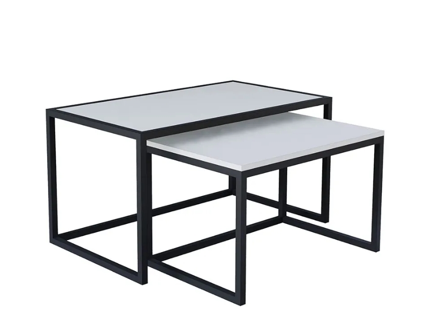 Conjunto Mesa De Centro Industrial 85cm e 80cm Aço Preto Duo Madeira Branca