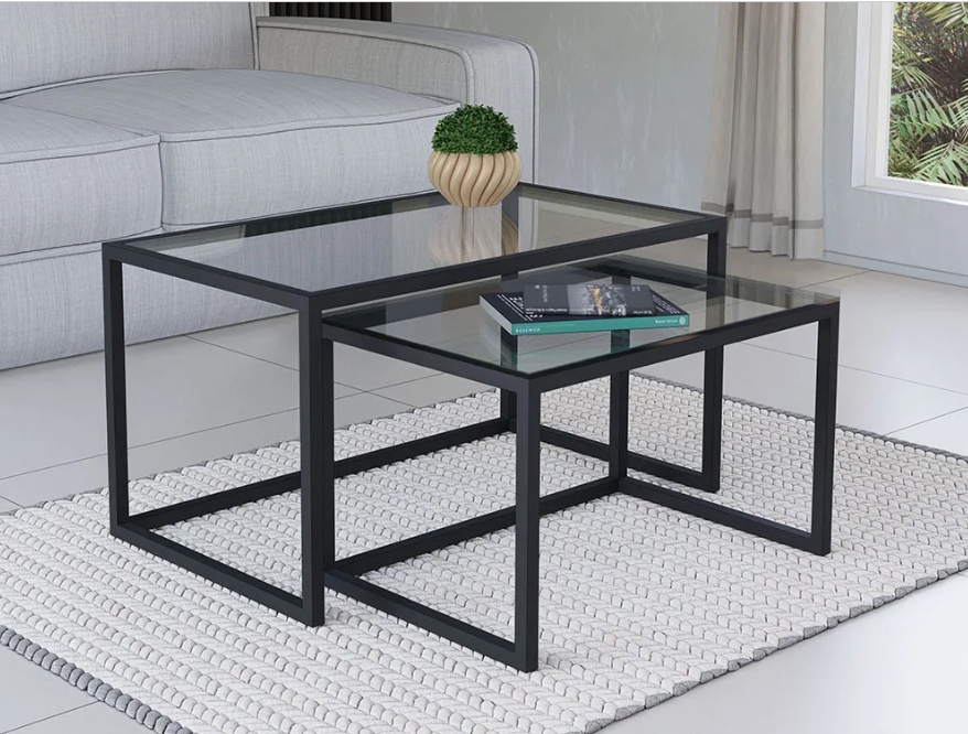 Conjunto Mesa De Centro Industrial 85cm e 80cm Aço Preto Duo Vidro