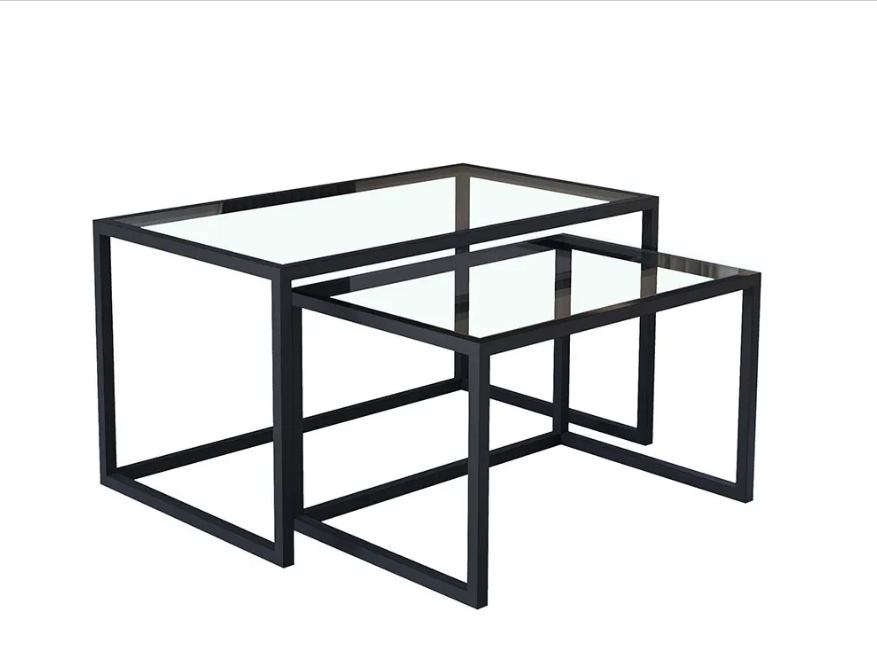 Conjunto Mesa De Centro Industrial 85cm e 80cm Aço Preto Duo Vidro