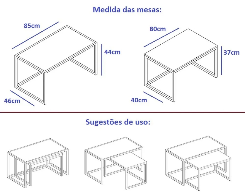 Conjunto Mesa De Centro Industrial 85cm e 80cm Aço Preto Duo Vidro