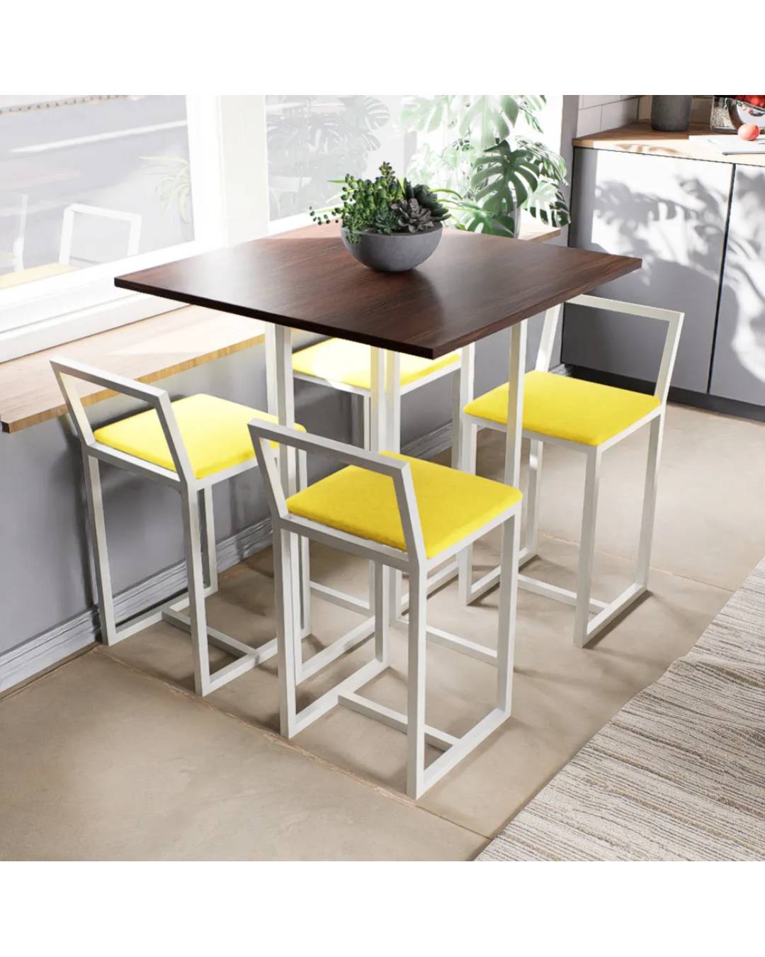 Conjunto Mesa Imbuia 4 Cadeiras Pequena Estofado Industrial White e Amarelo