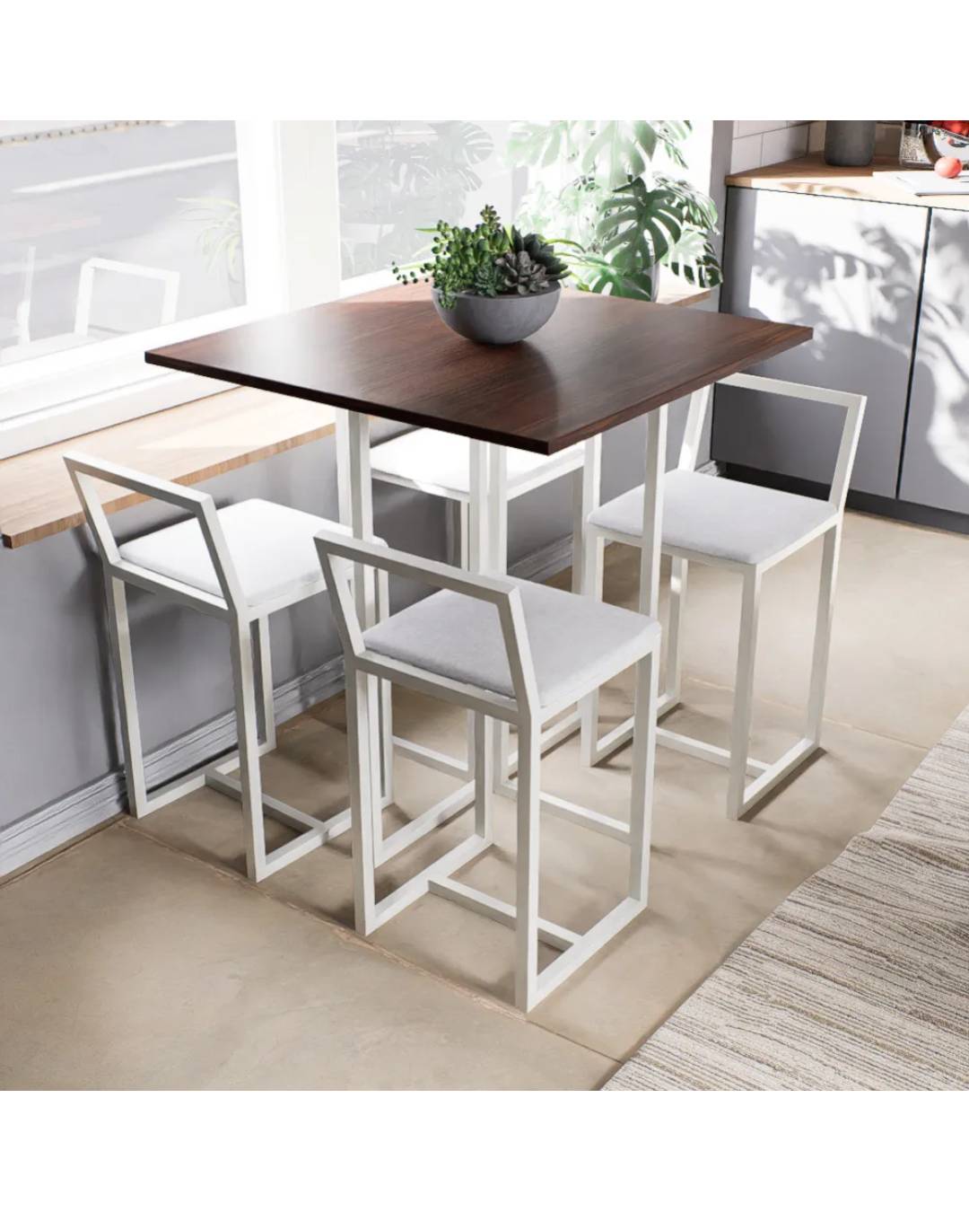 Conjunto Mesa Imbuia 4 Cadeiras Pequena Estofado Industrial White e Laca Branca