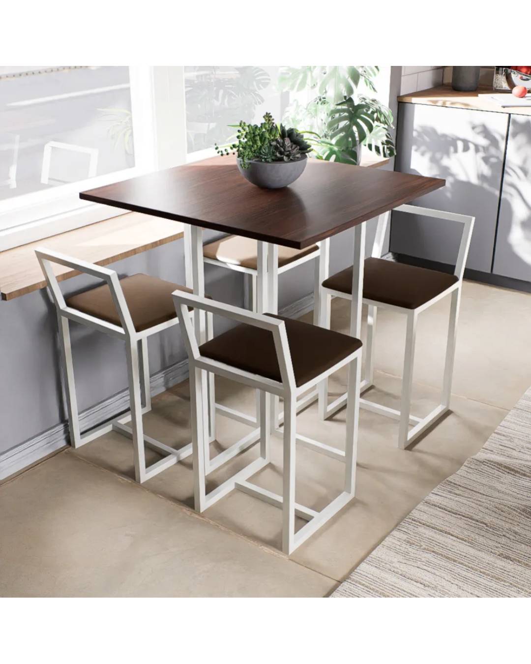 Conjunto Mesa Imbuia 4 Cadeiras Pequena Estofado Industrial White e Marrom