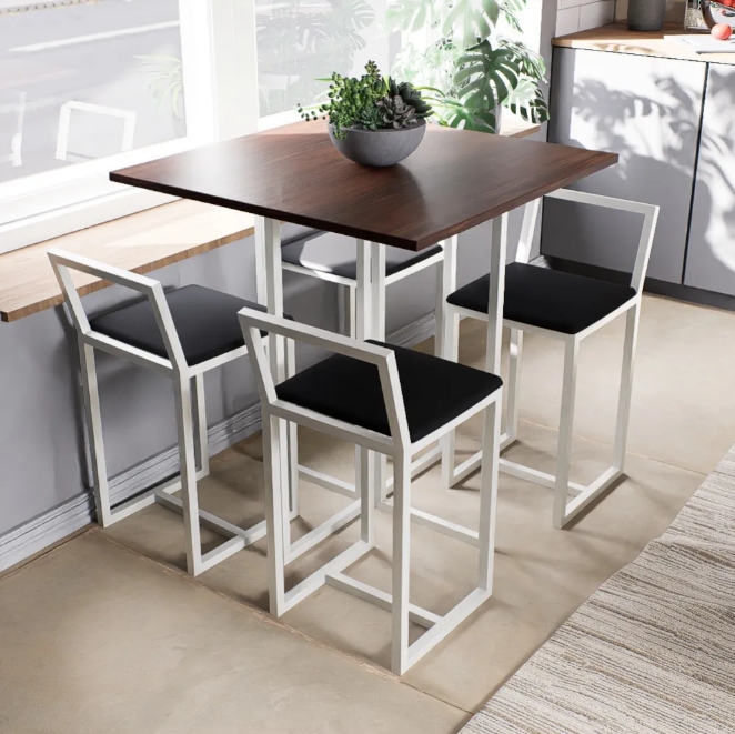 Conjunto Mesa Imbuia 4 Cadeiras Pequena Estofado Industrial White e Preto