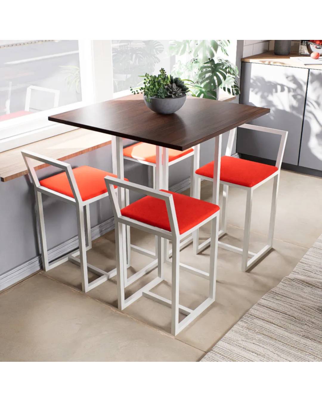 Conjunto Mesa Imbuia 4 Cadeiras Pequena Estofado Industrial White e Vermelho