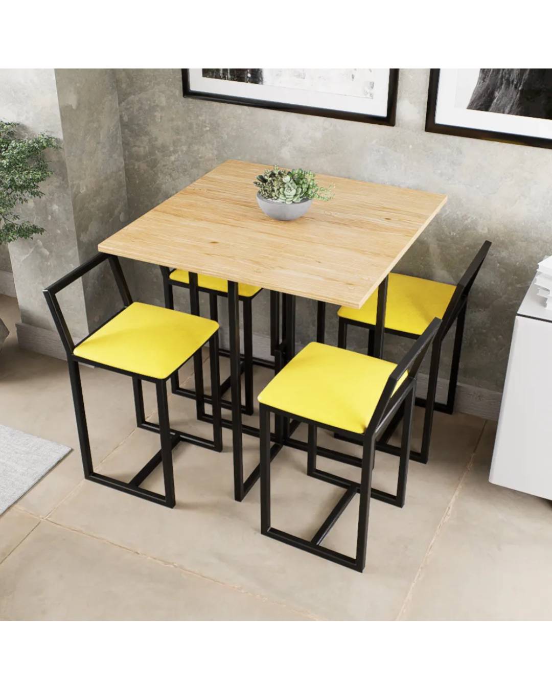 Conjunto Mesa Pinus 4 Cadeiras Estofado Industrial Black e Amarelo