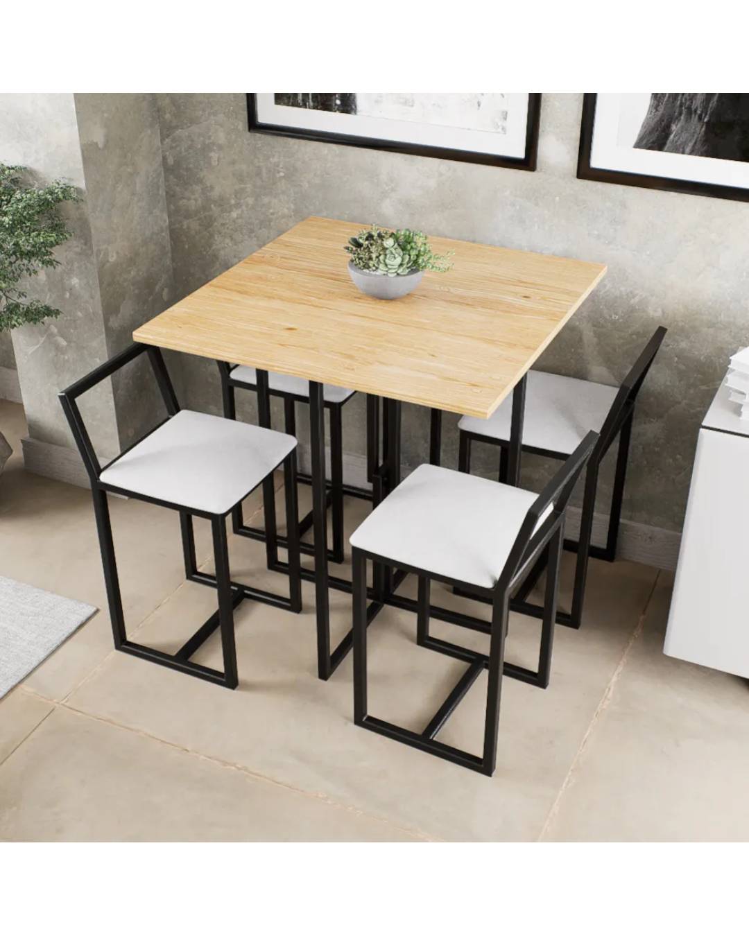 Conjunto Mesa Pinus 4 Cadeiras Estofado Industrial Black e Laca Branca