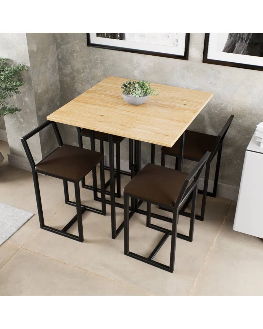 Conjunto Mesa Pinus 4 Cadeiras Estofado Industrial Black e Marrom