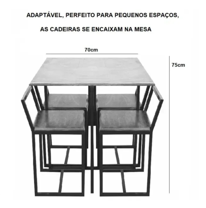 Conjunto Mesa Pinus 4 Cadeiras Estofado Industrial Black e Marrom