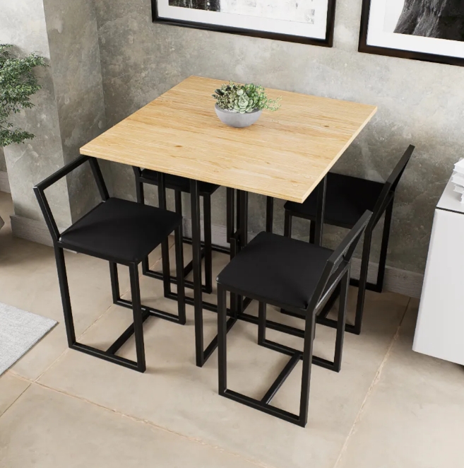Conjunto Mesa Pinus 4 Cadeiras Estofado Industrial Black e Preto