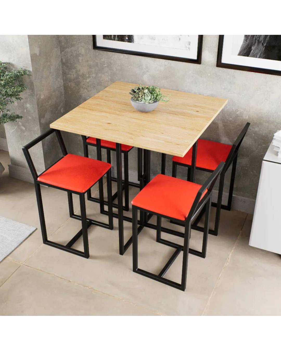 Conjunto Mesa Pinus 4 Cadeiras Estofado Industrial Black e Vermelho