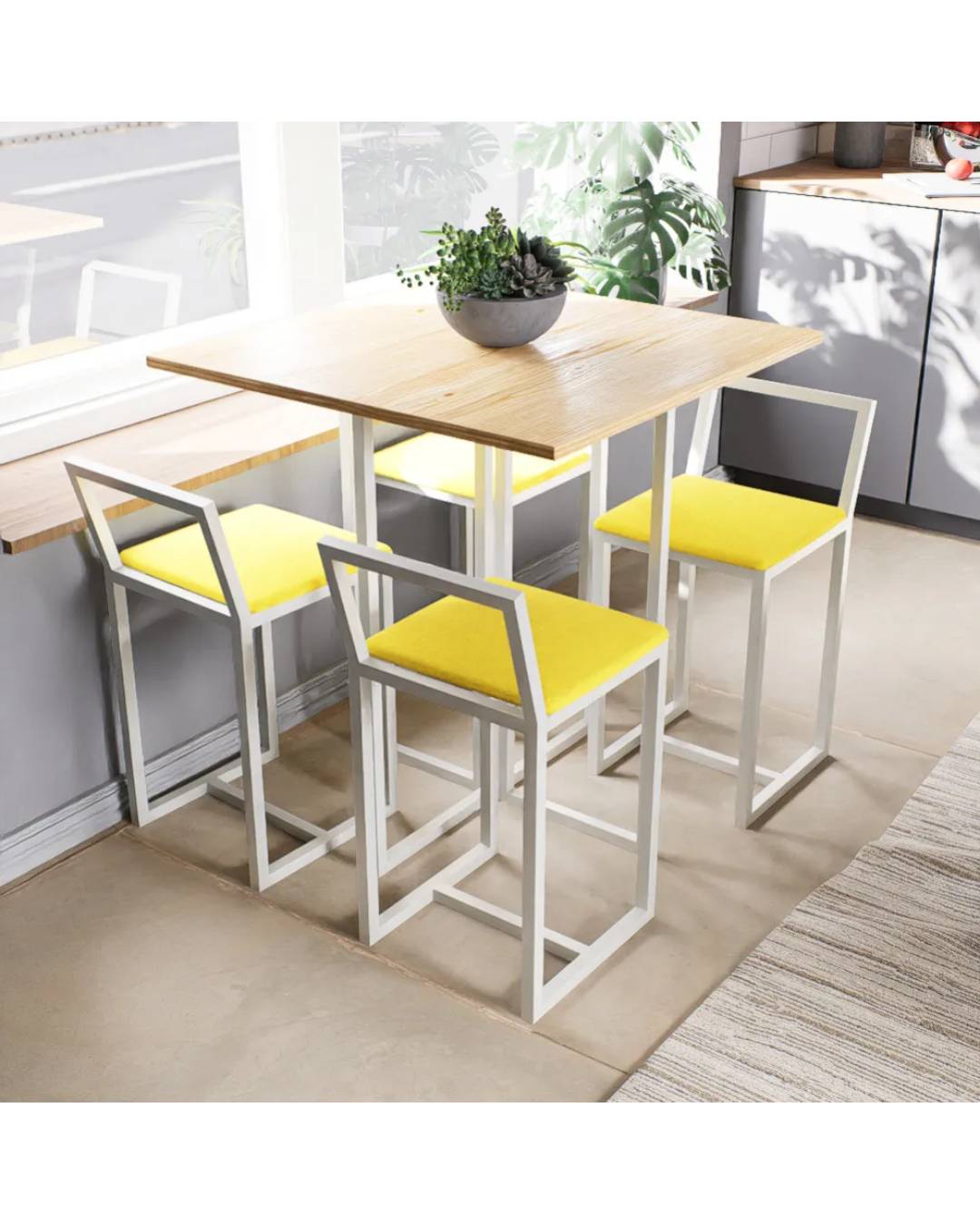 Conjunto Mesa Pinus 4 Cadeiras Estofado Industrial White e Amarelo