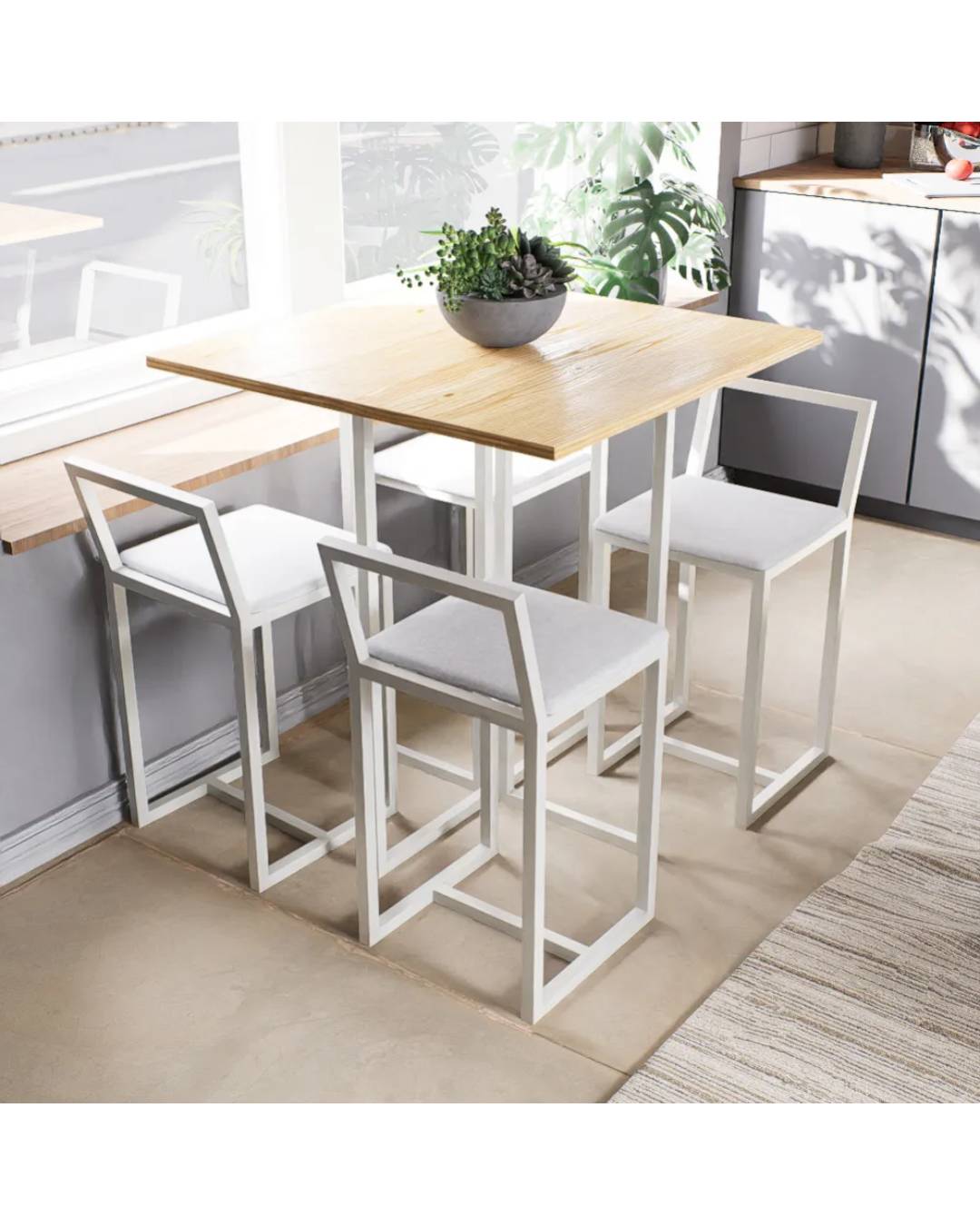 Conjunto Mesa Pinus 4 Cadeiras Estofado Industrial White e Laca Branca