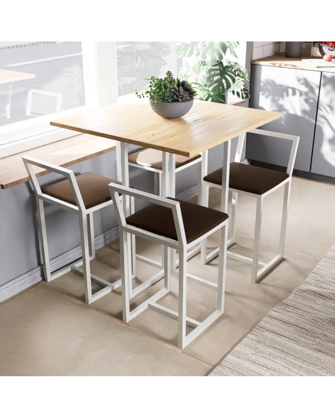 Conjunto Mesa Pinus 4 Cadeiras Estofado Industrial White e Marrom