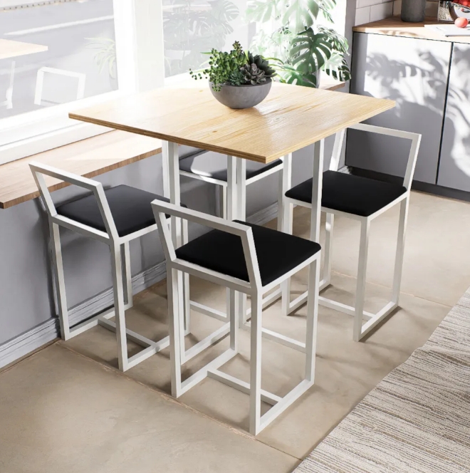 Conjunto Mesa Pinus 4 Cadeiras Estofado Industrial White e Preto