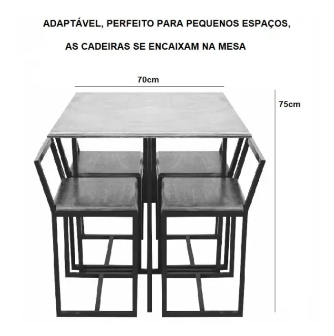 Conjunto Mesa Pinus 4 Cadeiras Estofado Industrial White e Preto