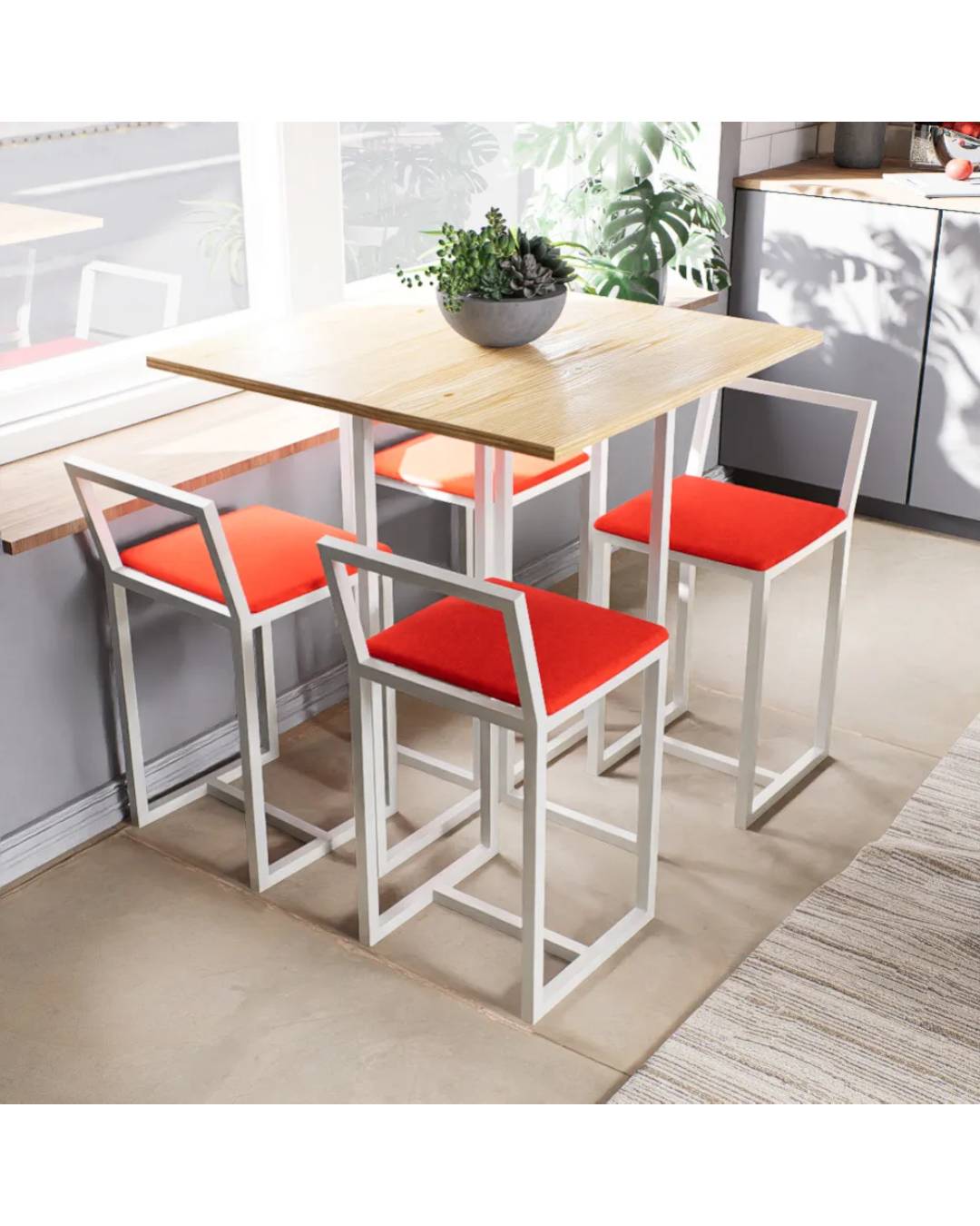 Conjunto Mesa Pinus 4 Cadeiras Estofado Industrial White e Vermelho