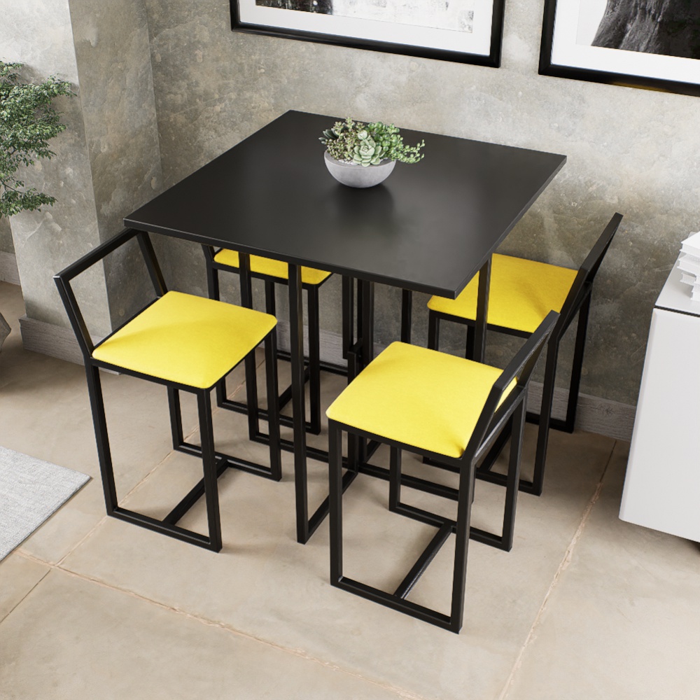 Conjunto Mesa Preta 4 Cadeiras Pequena Estofado Industrial Black e Amarelo