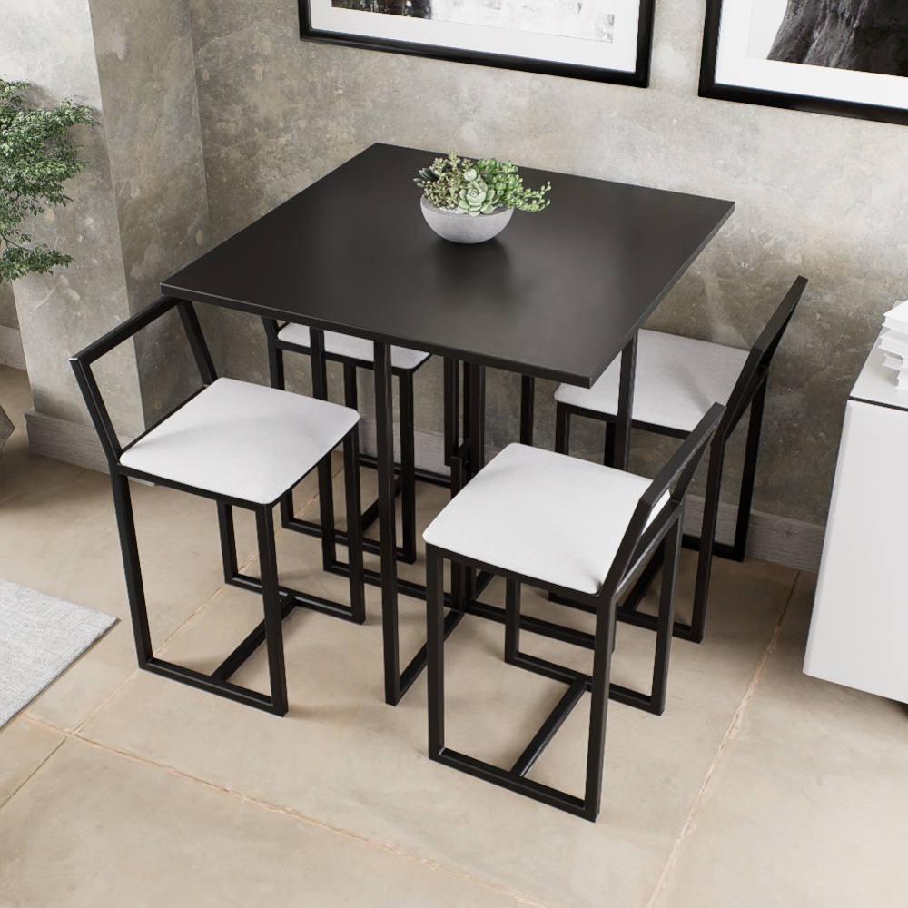 Conjunto Mesa Preta 4 Cadeiras Pequena Estofado Industrial Black e Laca Branca
