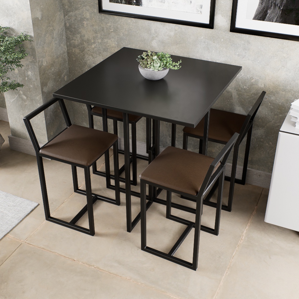 Conjunto Mesa Preta 4 Cadeiras Pequena Estofado Industrial Black e Marrom