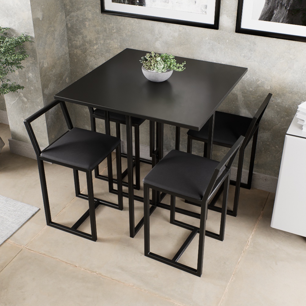 Conjunto Mesa Preta 4 Cadeiras Pequena Estofado Industrial Black e Preto