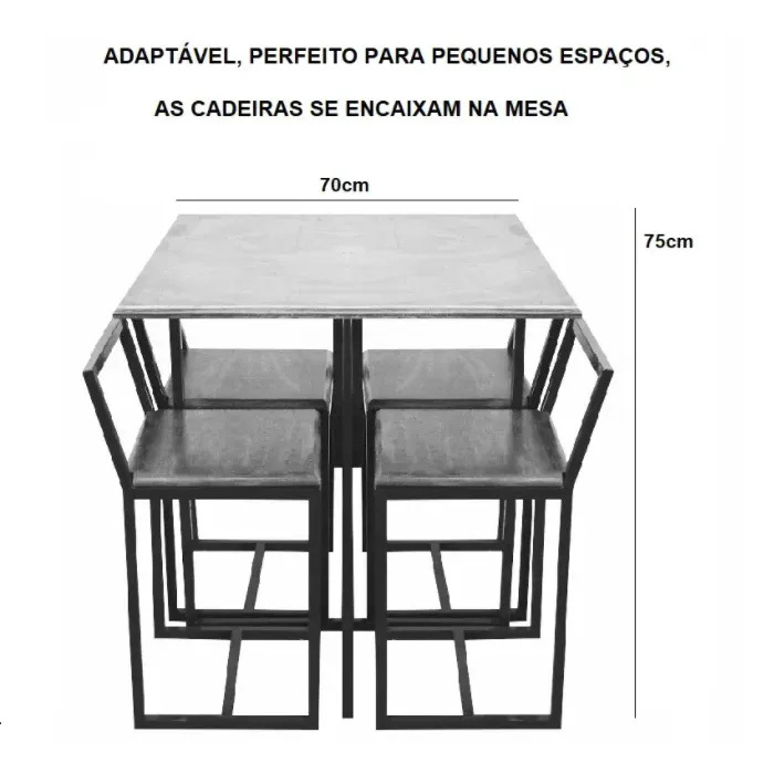 Conjunto Mesa Preta 4 Cadeiras Pequena Estofado Industrial Black e Preto