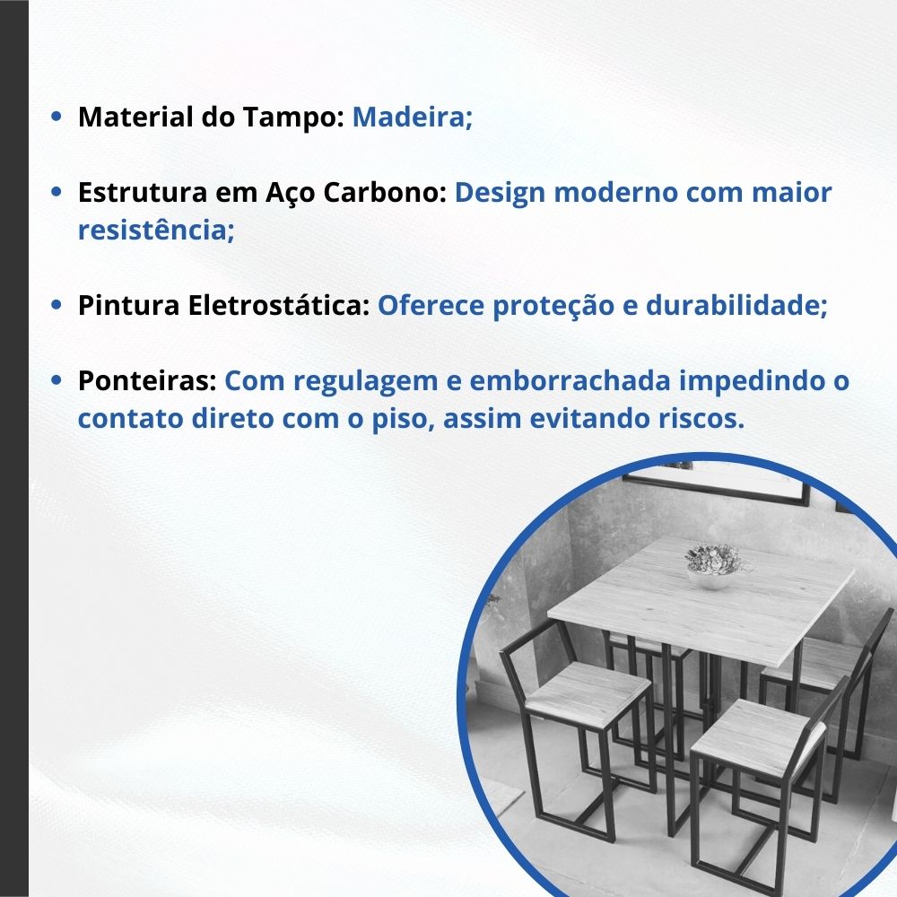 Conjunto Mesa Preta 4 Cadeiras Pequena Estofado Industrial Black e Preto