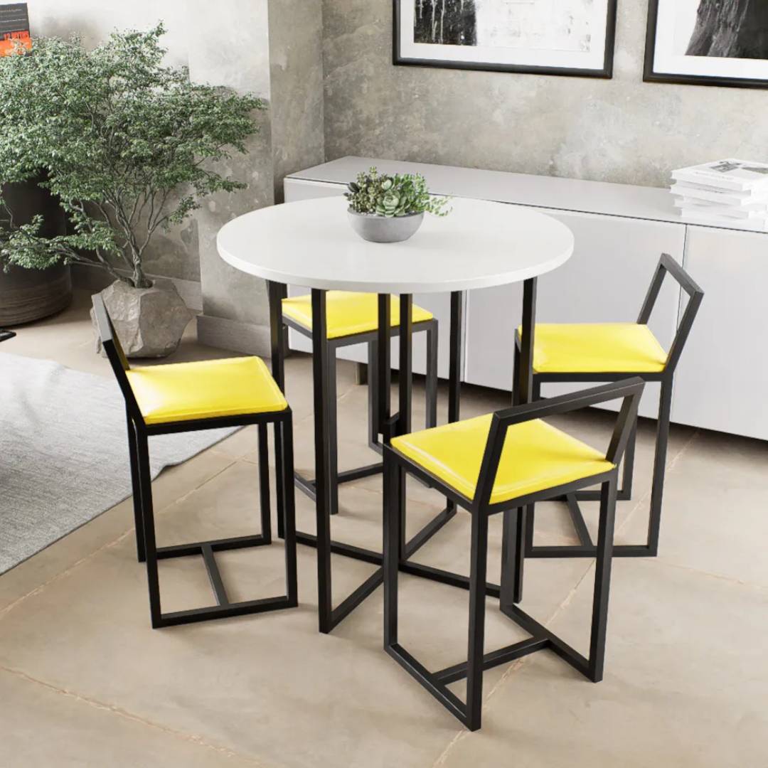 Conjunto Mesa Redonda Branca 4 Cadeiras Pequena Estofado Industrial Black e Amarelo
