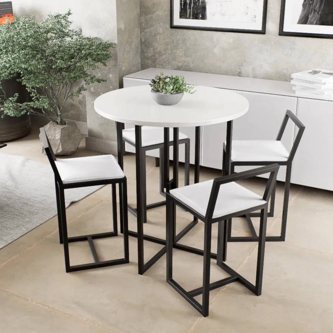 Conjunto Mesa Redonda Branca 4 Cadeiras Pequena Estofado Industrial Black e Laca Branca