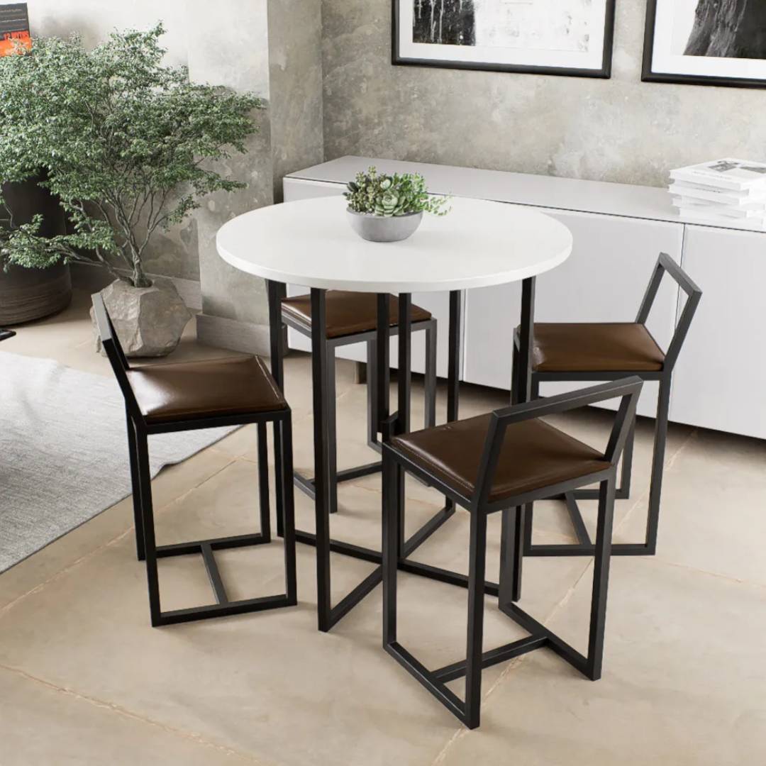 Conjunto Mesa Redonda Branca 4 Cadeiras Pequena Estofado Industrial Black e Marrom