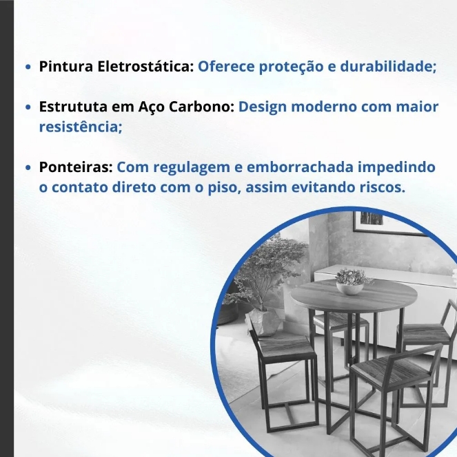 Conjunto Mesa Redonda Branca 4 Cadeiras Pequena Estofado Industrial Black e Marrom