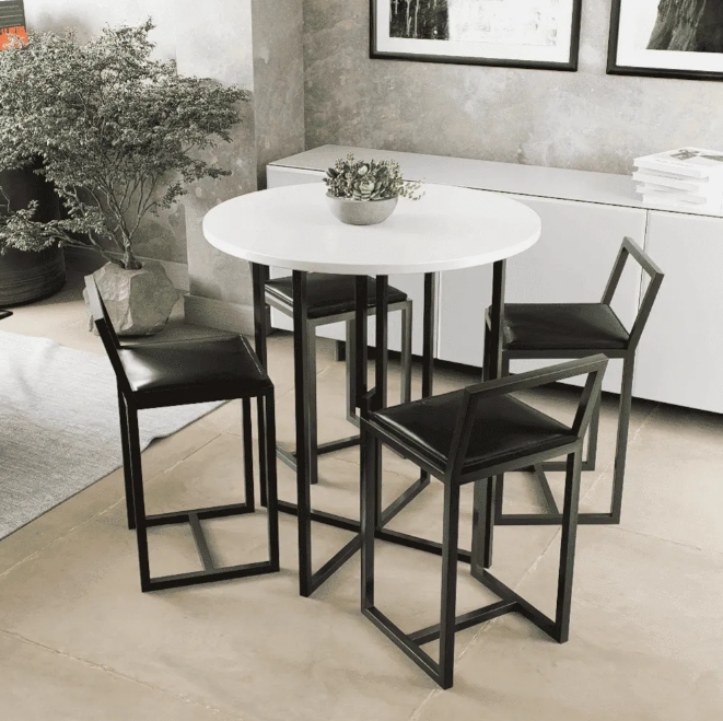 Conjunto Mesa Redonda Branca 4 Cadeiras Pequena Estofado Industrial Black e Preto