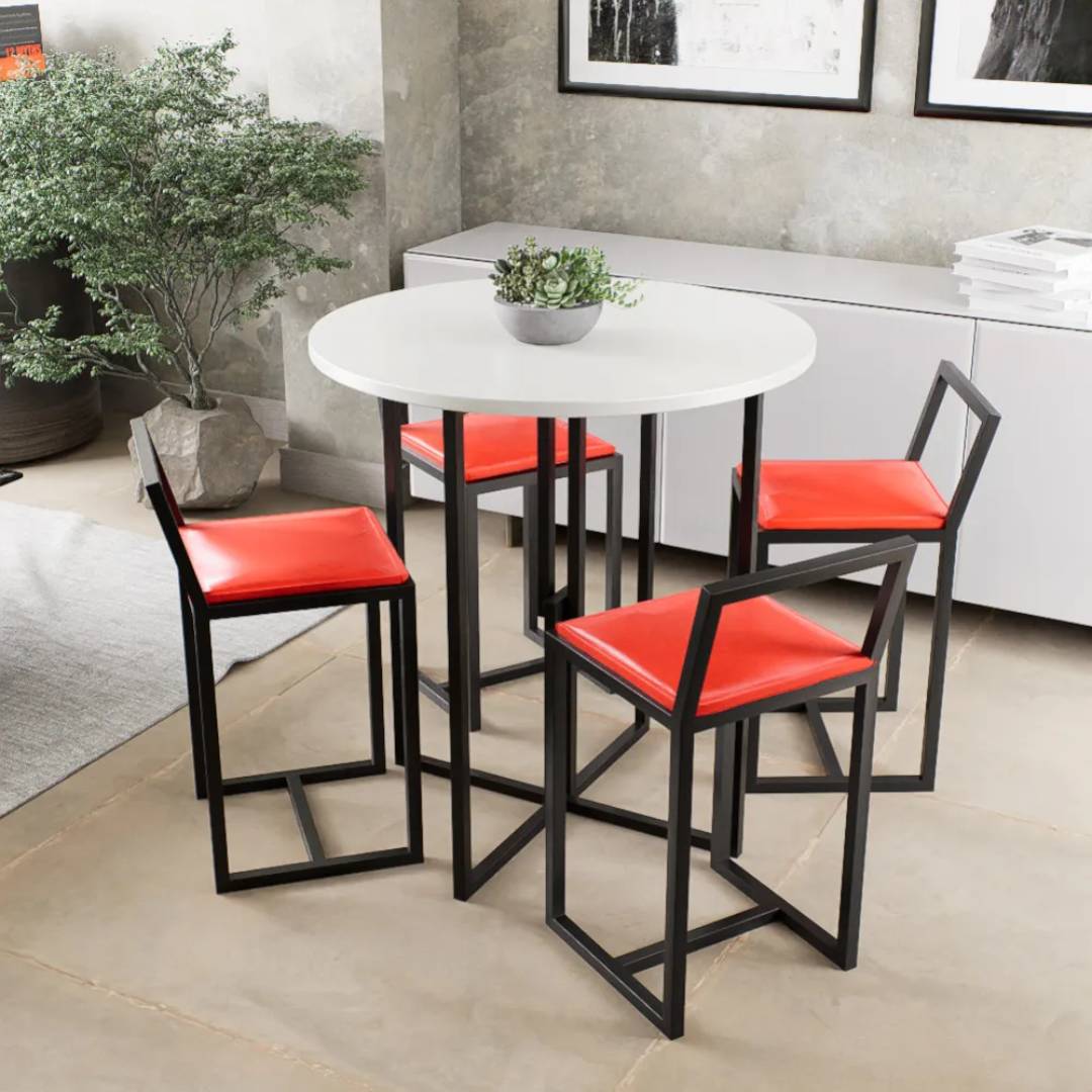 Conjunto Mesa Redonda Branca 4 Cadeiras Pequena Estofado Industrial Black e Vermelho