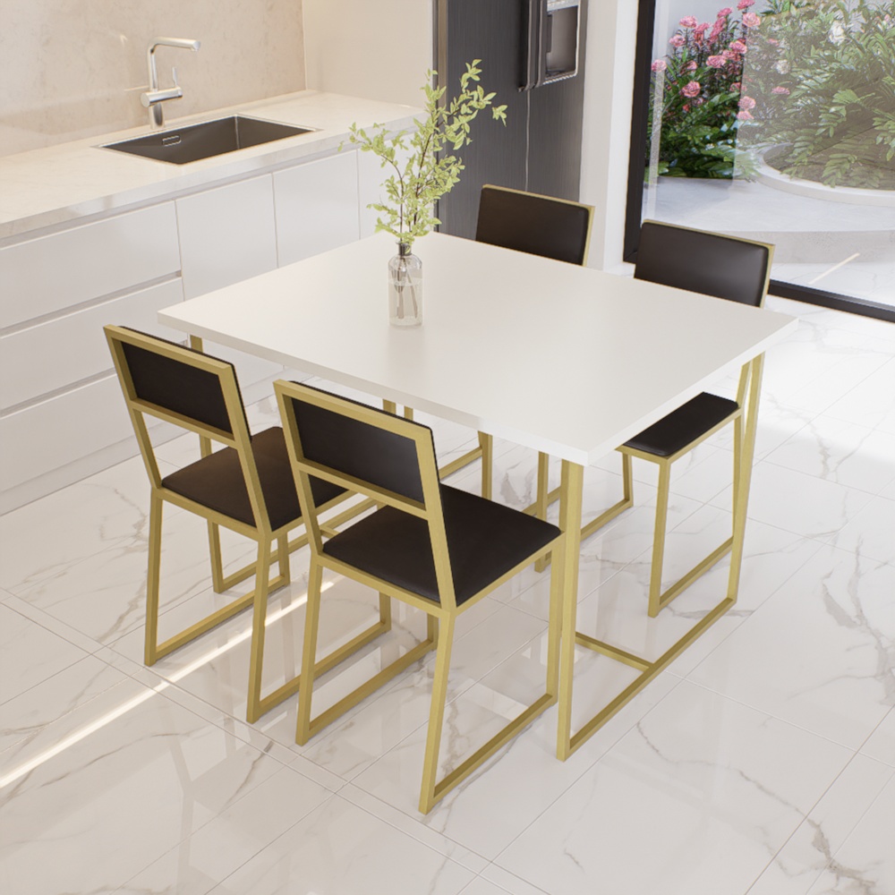 Conjunto Mesa de Jantar Retangular Branca 4 Cadeiras Estofado Riviera Industrial Dourado e Preto