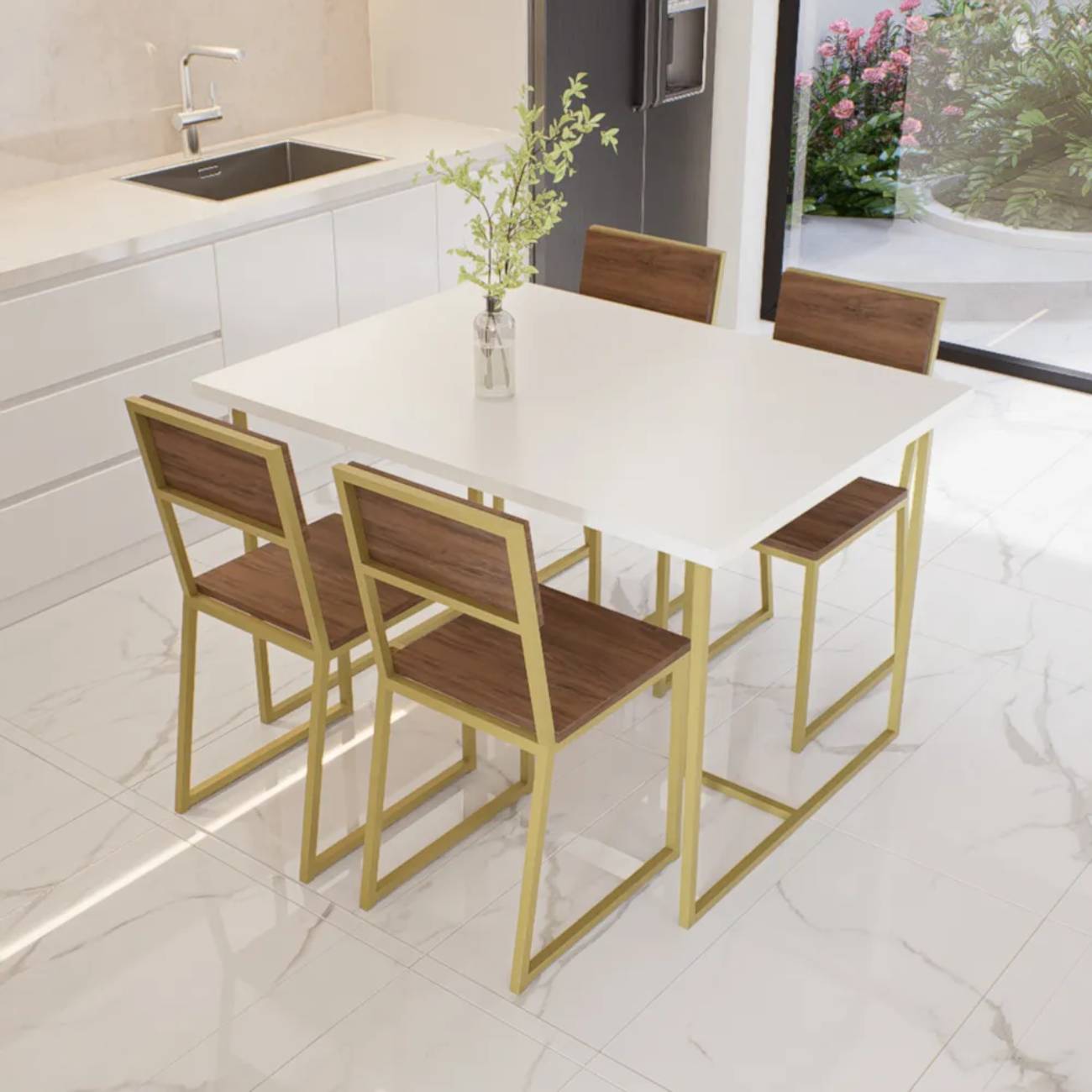Conjunto Mesa de Jantar Retangular Branca 4 Cadeiras Imbuia Riviera Industrial Dourado