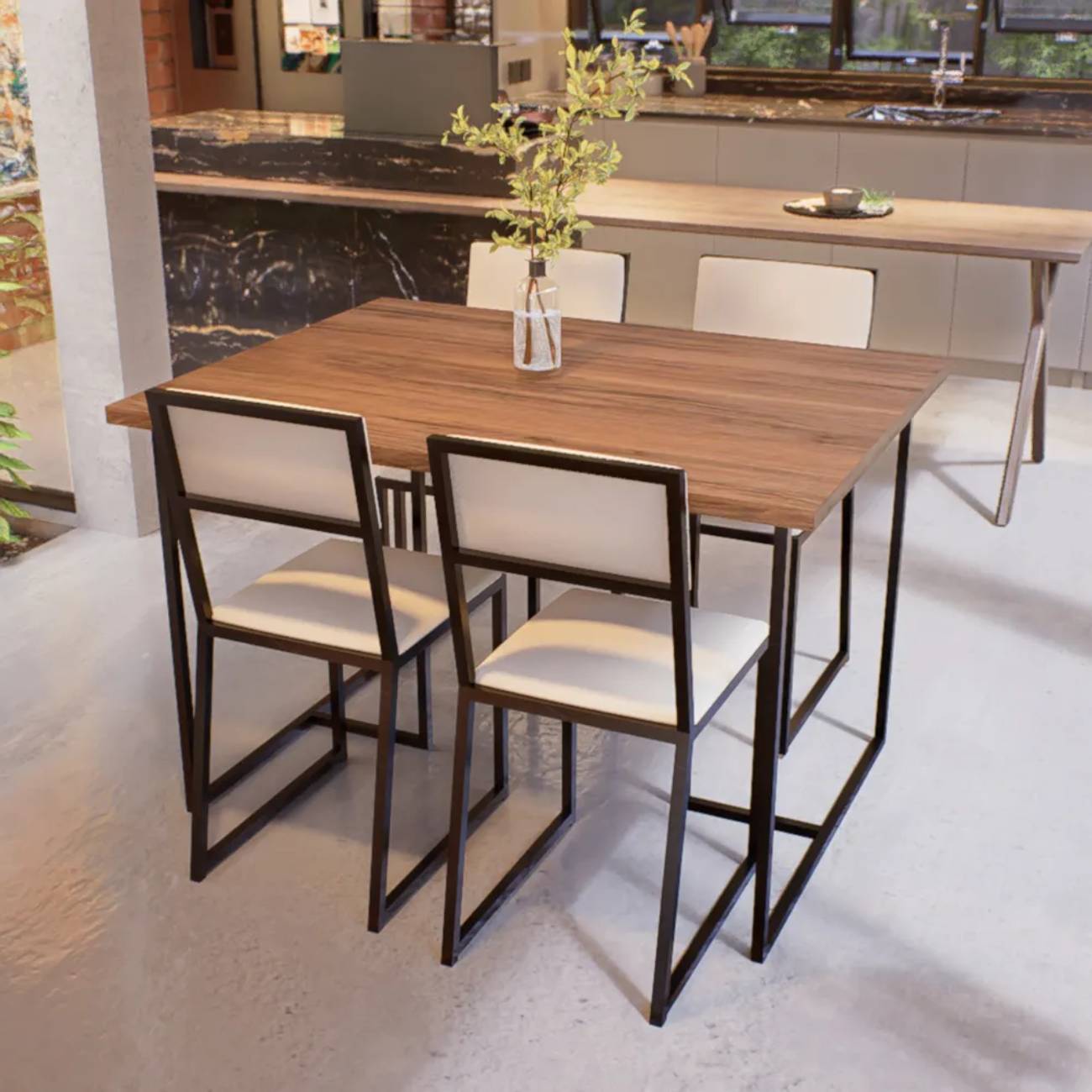 Conjunto Mesa de Jantar Retangular Imbuia 4 Cadeiras Riviera Industrial Preto Estofado Laca Branca