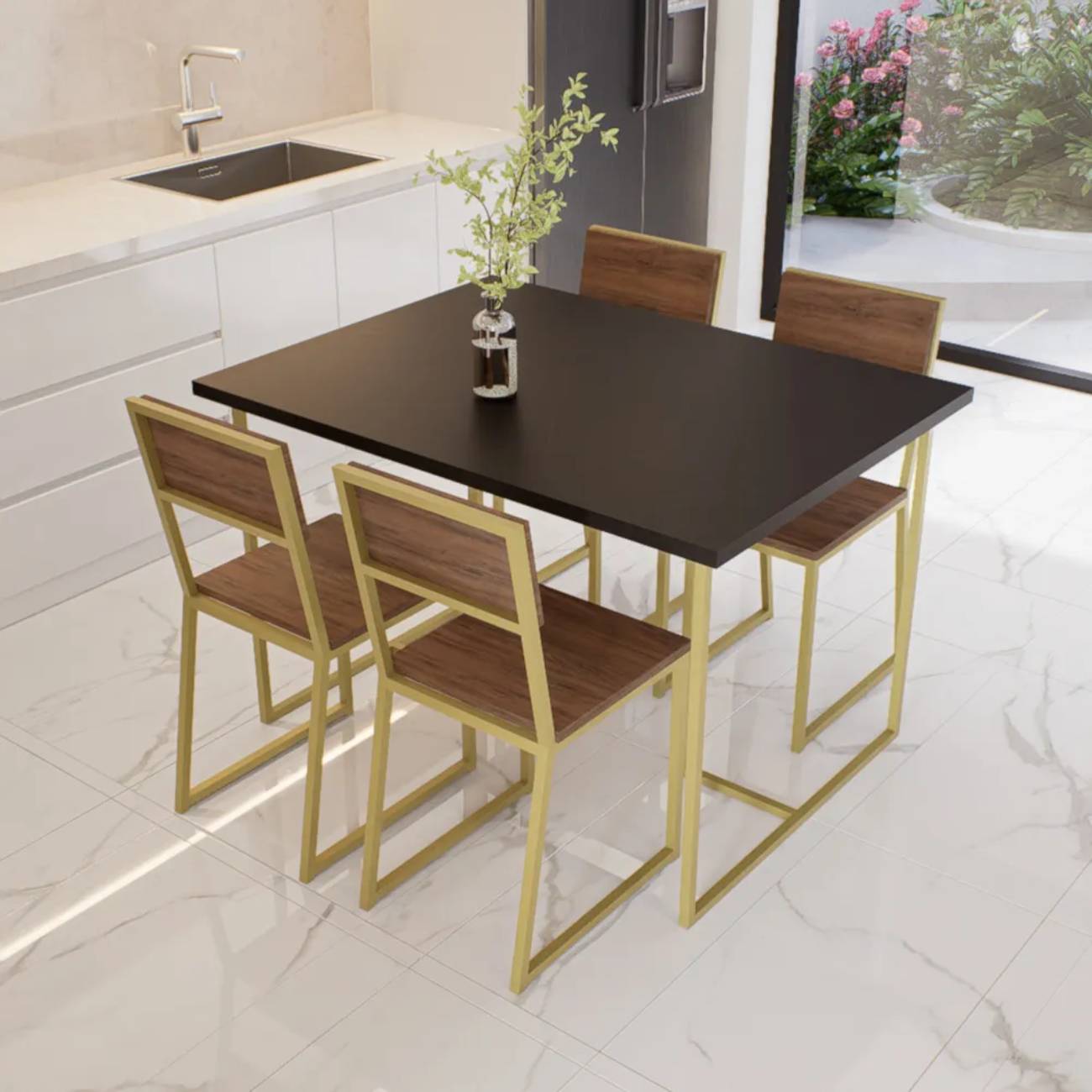 Conjunto Mesa de Jantar Retangular Preta 4 Cadeiras Imbuia Riviera Industrial Dourado