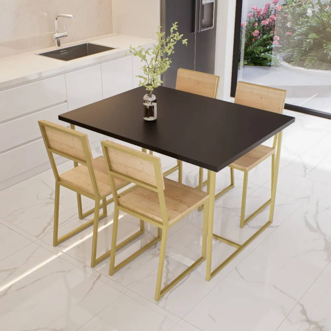 Conjunto Mesa de Jantar Retangular Preta 4 Cadeiras Pinus Riviera Industrial Dourado