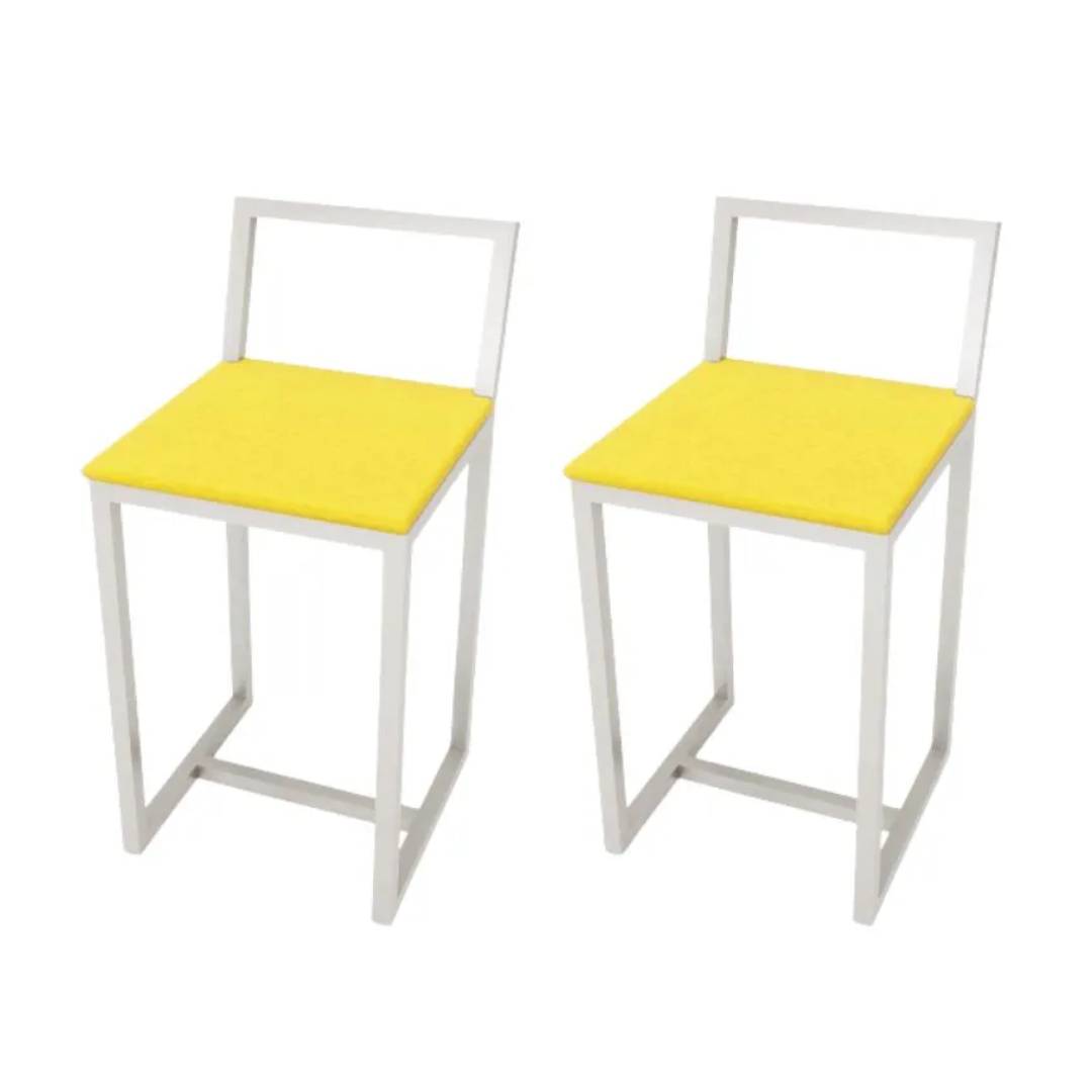 Jogo 2 Banqueta Baixa Para Cozinha Branca Assento Estofado Industrial Amarelo