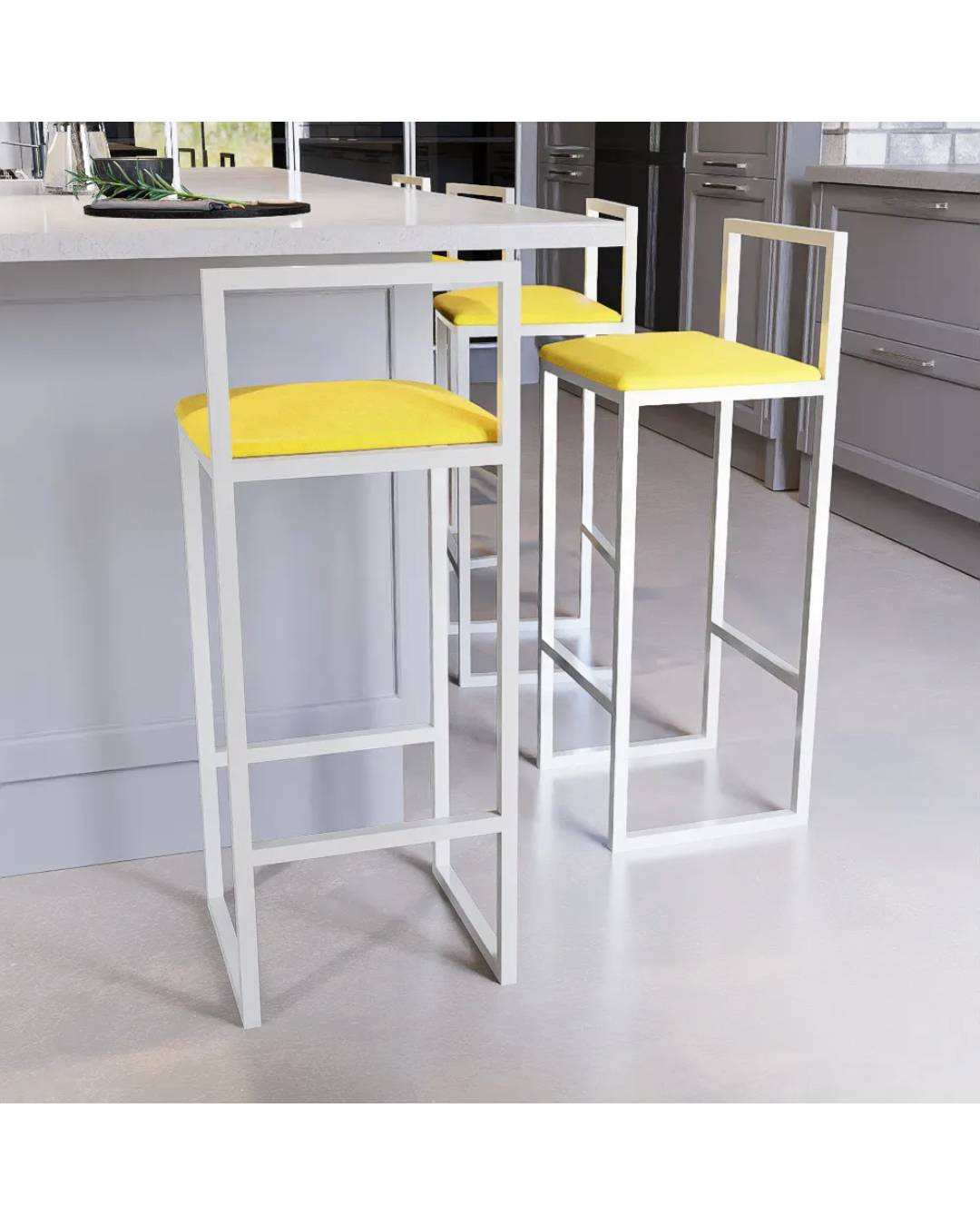 Jogo 3 Banqueta Alta Balcão Bistrô Industrial Branca Assento Estofado Amarelo