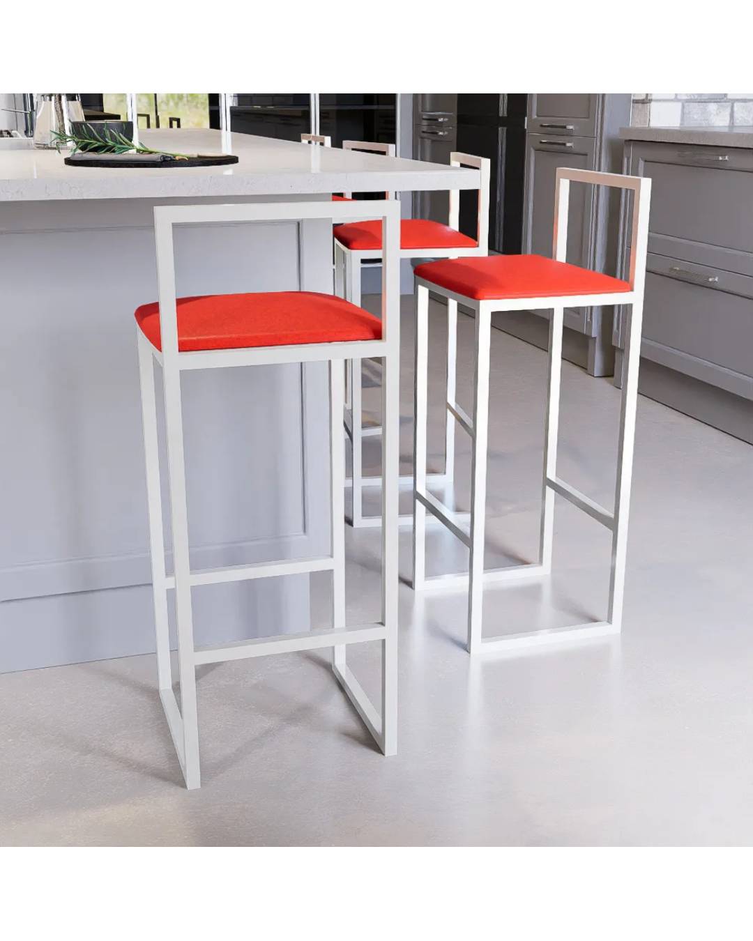 Jogo 3 Banqueta Alta Balcão Bistrô Industrial Branca Assento Estofado Vermelho