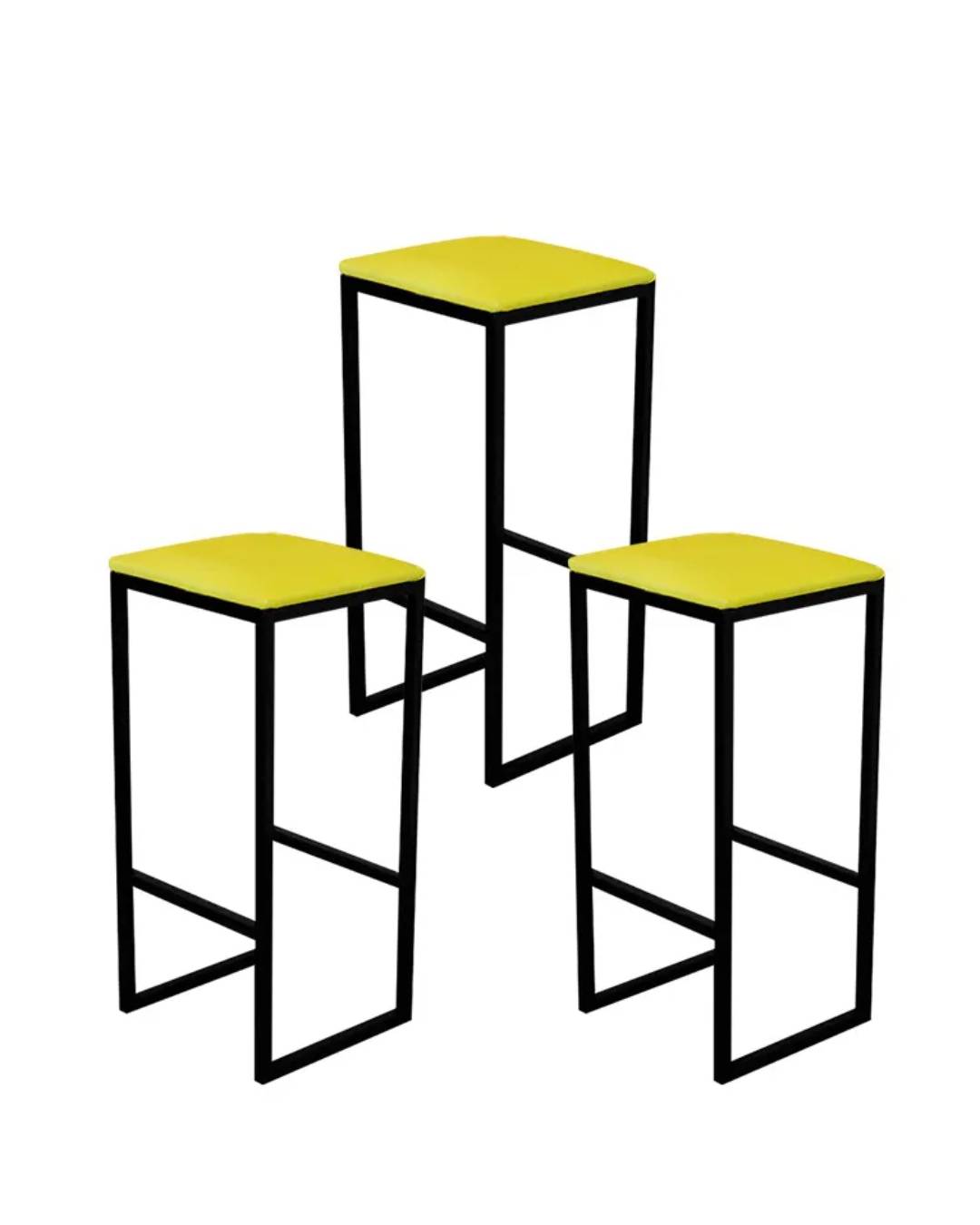 Jogo 3 Banqueta Alta Cozinha Balcão Bistrô Industrial Preta Assento Estofado Amarelo