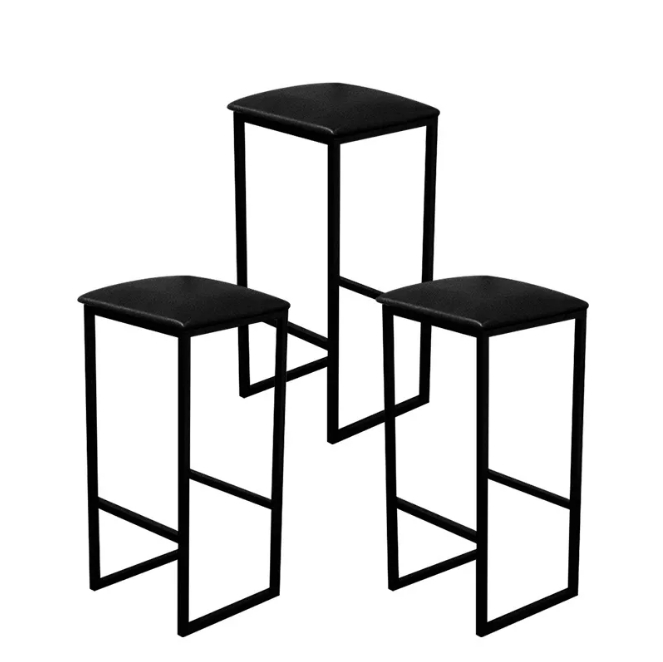 Jogo 3 Banqueta Alta Cozinha Balcão Bistrô Industrial Preta Assento Estofado Preto